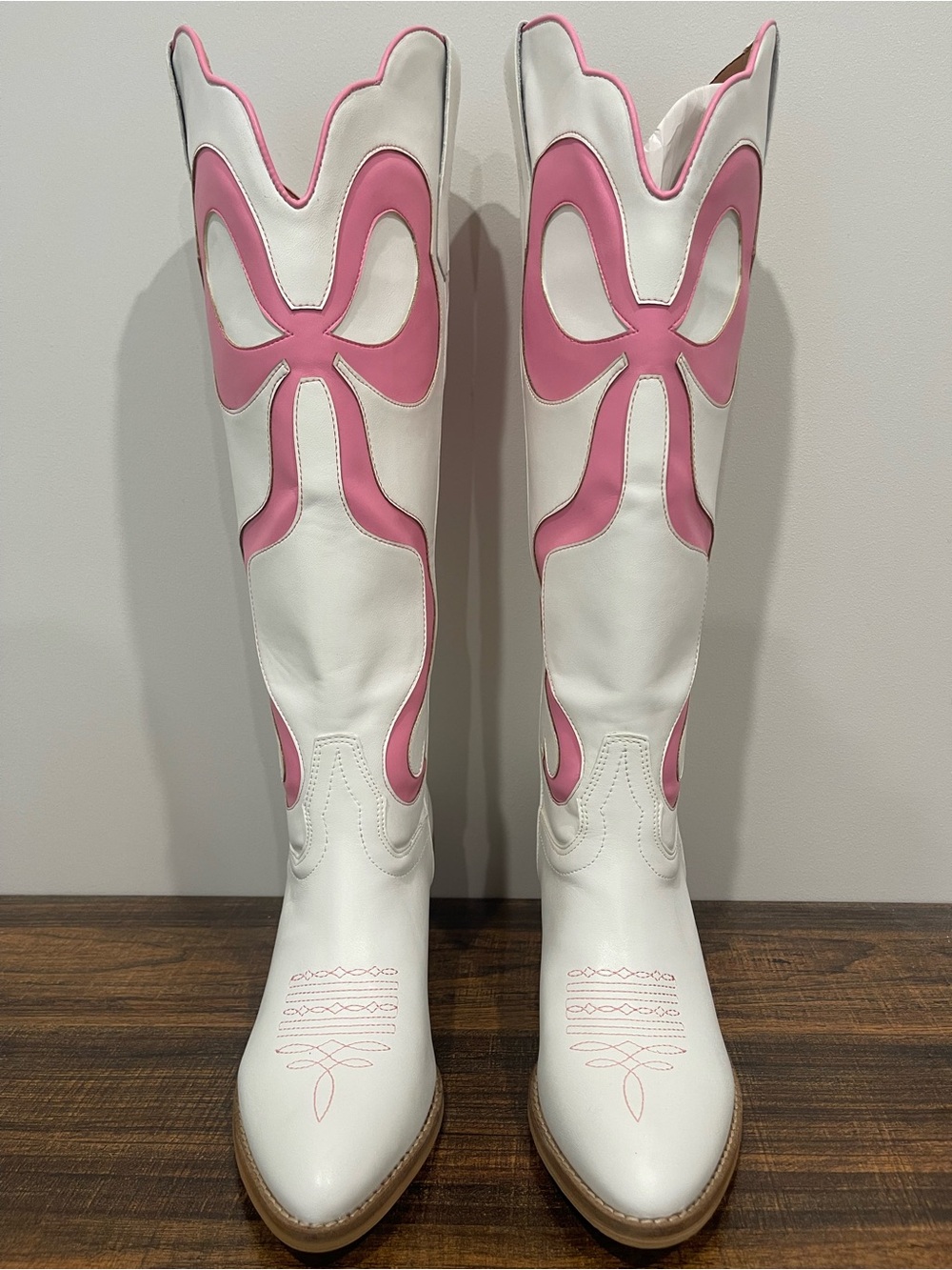 White and Pink Over-the-Knee Western Boots